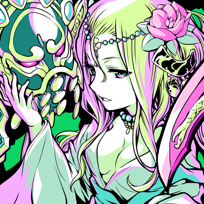 blonde_hair breasts cleavage dress flower green green_eyes hair_between_eyes hair_flower hair_ornament hand_on_another's_face headdress highres ishiyumi jewelry long_hair mask medium_breasts meimei_(p&amp;d) necklace parted_lips polearm purple_eyes puzzle_&amp;_dragons sidelocks snake weapon