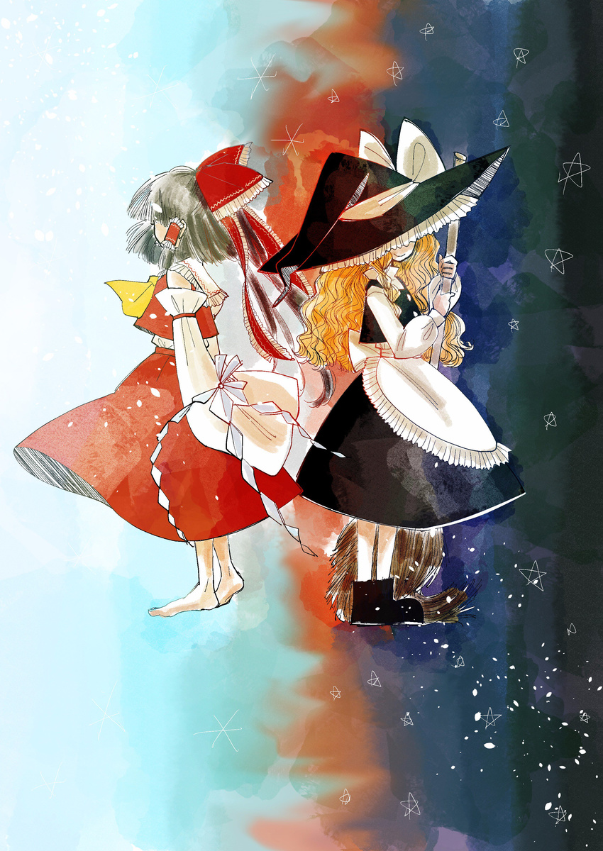 absurdres apron ascot back-to-back barefoot black_footwear black_hair black_hat black_skirt black_vest blonde_hair bow broom commentary covered_eyes day_and_night detached_sleeves frilled_apron frills hair_bow hair_tubes hakurei_reimu half_updo hat hat_bow hat_ribbon highres kirisame_marisa komaku_juushoku long_sleeves looking_away multiple_girls puffy_long_sleeves puffy_sleeves red_bow red_skirt red_vest ribbon shirt shoes sidelocks skirt smile star touhou vest waist_apron wavy_hair white_apron white_bow white_ribbon white_shirt wide_sleeves witch_hat yellow_neckwear