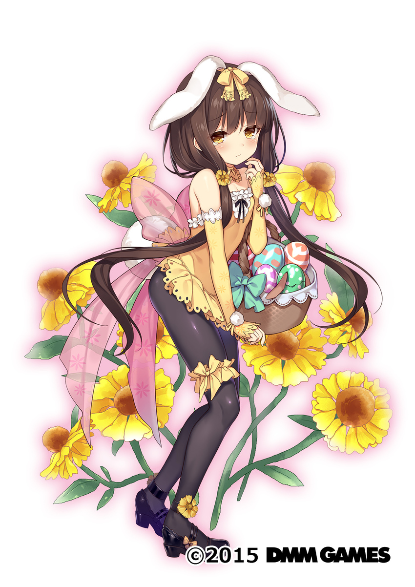 animal_ears back_bow bangs bare_shoulders basket black_footwear black_legwear blunt_bangs blush bow brown_hair bunny_ears cracked_egg crying crying_with_eyes_open detached_collar detached_sleeves easter easter_egg egg embarrassed eyebrows_visible_through_hair flower flower_knight_girl full_body hair_bow hair_flower hair_ornament helenium_(flower_knight_girl) highres leg_garter long_hair long_sleeves looking_at_viewer low_twintails object_namesake official_art pantyhose pom_pom_(clothes) raised_eyebrows shiny shiny_clothes shoes sleeves_past_wrists solo standing sugimeno teardrop tears twintails very_long_hair yellow_bow yellow_eyes