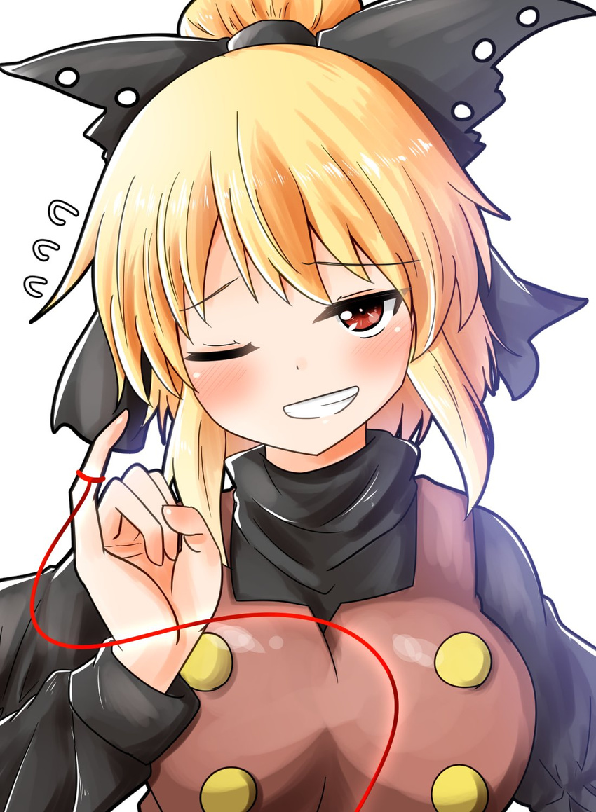 black_bow black_shirt blonde_hair bow brown_vest buttons flying_sweatdrops grin hair_bow highres kurodani_yamame long_sleeves looking_at_viewer one_eye_closed oshiaki pinky_out red_eyes red_string shirt sidelocks smile solo string string_around_finger touhou turtleneck upper_body vest white_background