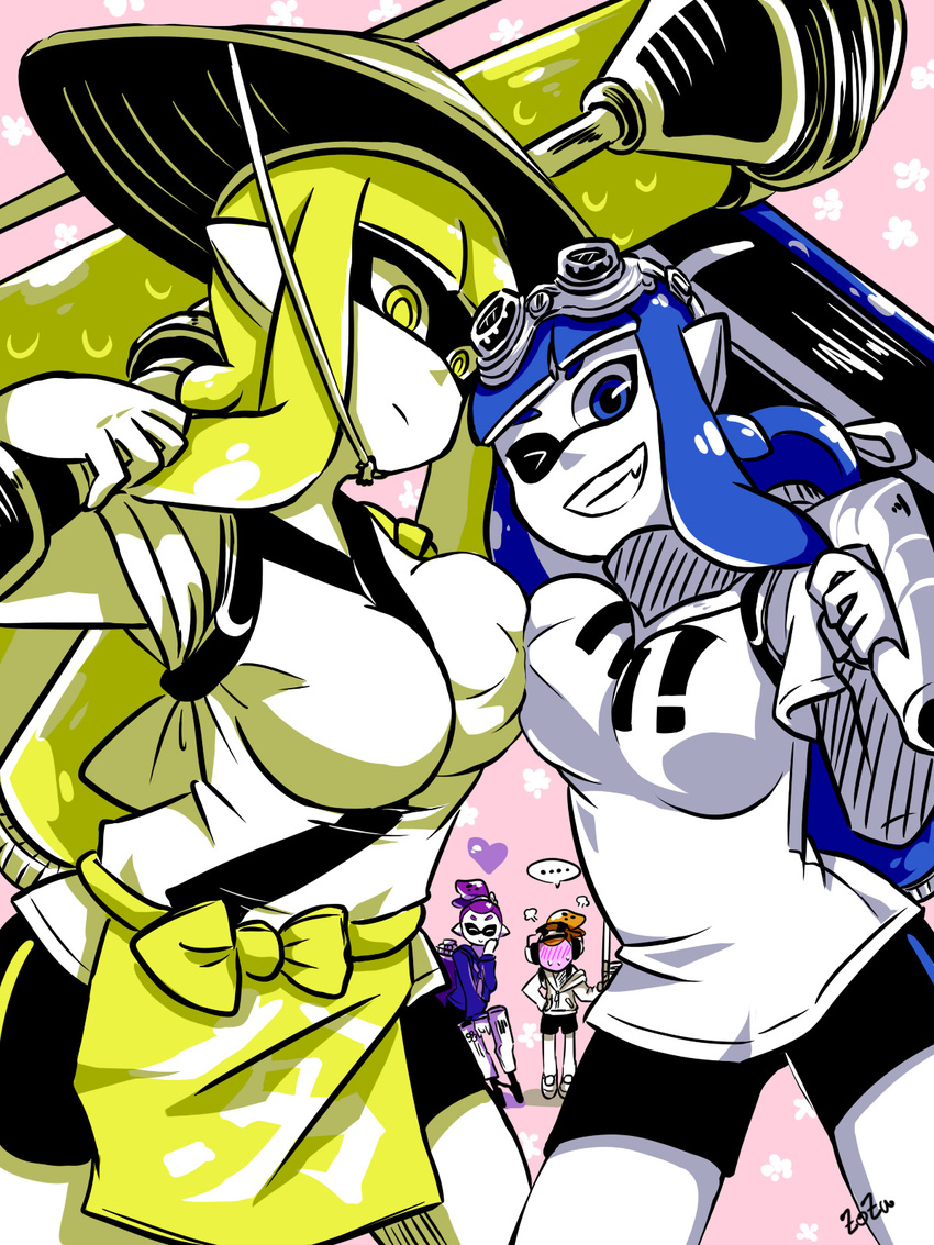 2girls ajirogasa apron artist_name asymmetrical_docking bangs beauty_(zoza) bike_shorts blonde_hair blue_eyes blue_hair blunt_bangs blush breast_press breasts carbon_roller_(splatoon) closed_eyes clothes_writing cowboy_shot donut_(zoza) dual_squelcher_(splatoon) dynamo_roller_(splatoon) embarrassed frightening_(zoza) fume genderswap genderswap_(ftm) genderswap_(mtf) goggles goggles_on_head grin hair_pulled_back hand_in_pocket hat heart highres holding holding_weapon hood hoodie ink_tank_(splatoon) japanese_clothes large_breasts layered_clothing long_hair long_sleeves looking_at_viewer medium_breasts multiple_girls one_eye_closed orange_hair partially_colored pointy_ears print_shirt pudding_(zoza) purple_hair scrunchie sharp_teeth shirt shoes short_hair short_over_long_sleeves short_sleeves signature single_vertical_stripe smile splatoon_(series) splatoon_1 spoken_ellipsis standing t-shirt teeth tentacle_hair topknot waist_apron weapon yellow_eyes zoza