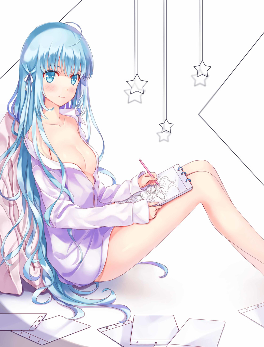 absurdres ahoge blue_eyes blue_hair blush breasts cleavage closed_mouth collarbone drawing from_side highres knees_up long_hair long_sleeves looking_to_the_side medium_breasts miu_(pixiv4149478) naked_shirt original pencil shirt sitting smile solo very_long_hair white_shirt