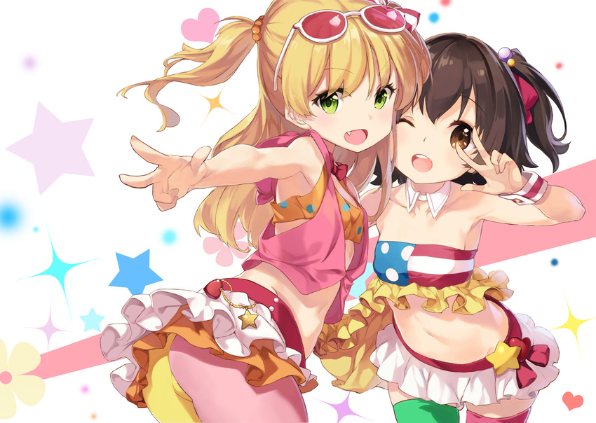 :d ;d akagi_miria armpits ass black_hair blonde_hair breasts brown_eyes collarbone crop_top eyelashes eyewear_on_head fang from_behind green_eyes highres idolmaster idolmaster_cinderella_girls jougasaki_rika leaning_forward long_hair midriff miniskirt mismatched_legwear multiple_girls navel off_shoulder one_eye_closed oneko open_mouth outstretched_arm pikapikapop skirt small_breasts smile thighs two_side_up v_over_eye