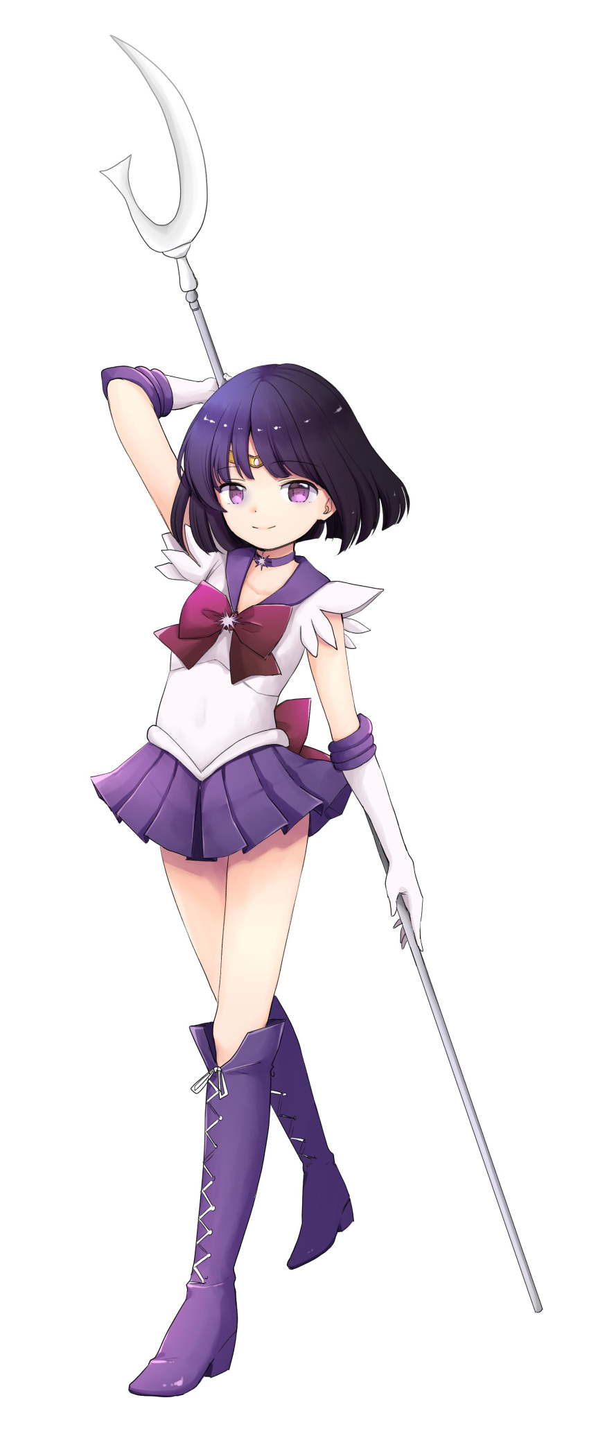 1girl absurdres arm_up bishoujo_senshi_sailor_moon black_hair boots choker circlet commentary_request elbow_gloves gloves highres kiyomiya_ryou knee_boots leotard miniskirt pleated_skirt polearm purple_eyes purple_footwear purple_skirt sailor_saturn sailor_senshi sailor_senshi_uniform short_hair silence_glaive simple_background skirt solo tomoe_hotaru weapon white_background white_gloves white_leotard