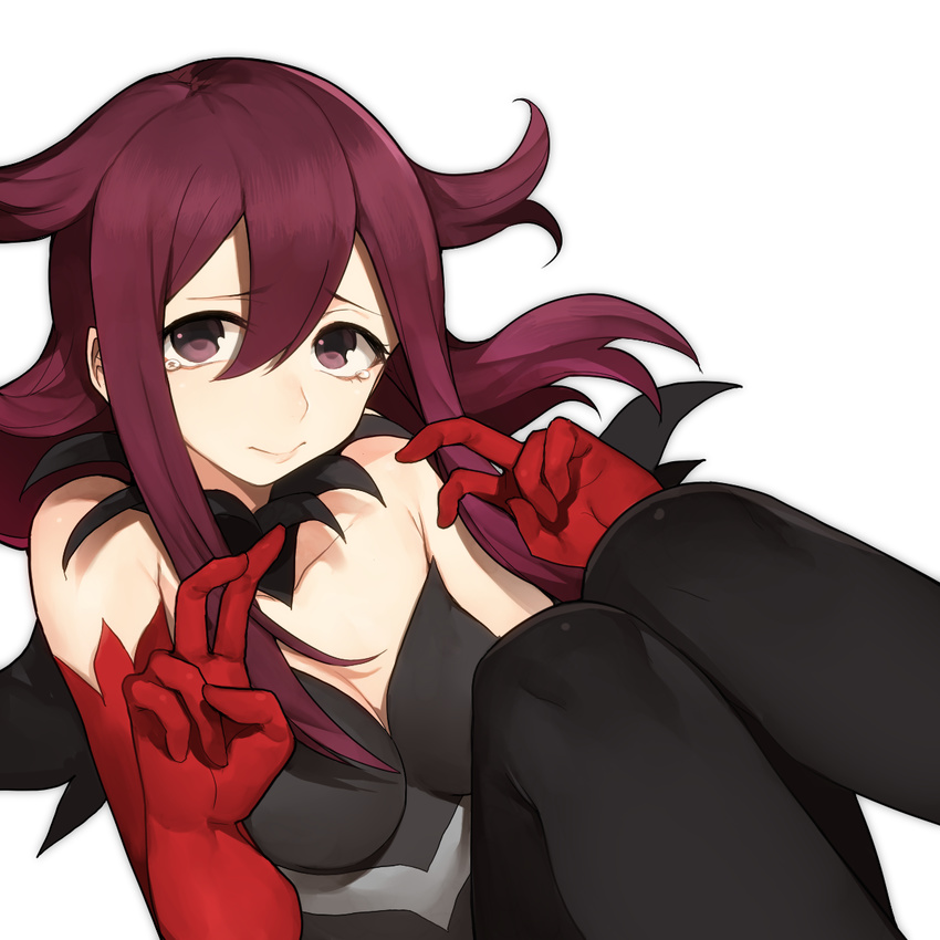 3: bare_shoulders black_legwear breasts elbow_gloves gloves guzuko hair_between_eyes highres hitoto long_hair lostorage_wixoss medium_breasts messy_hair pantyhose red_gloves red_hair solo tears white_background wixoss