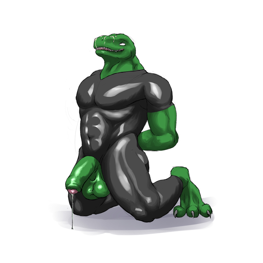 2017 abs anthro balls bdsm biceps big_penis bondage bound clothing cum cum_on_face digital_media_(artwork) hi_res humanoid_penis male mammal mocri muscular muscular_male pecs penis reptile rubber scalie shiny simple_background smile solo