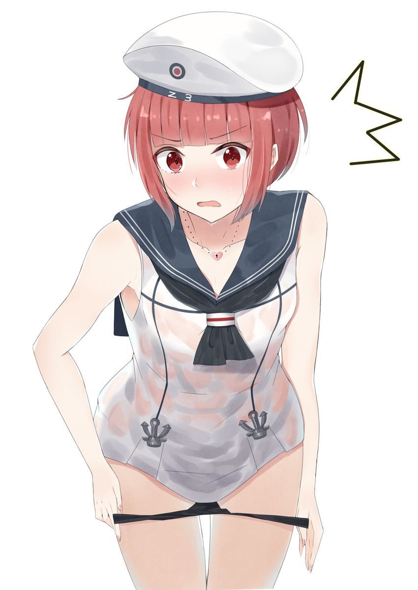 1girl absurdres bangs bare_shoulders bent_over brown_hair clothes_writing dress eyebrows eyebrows_visible_through_hair hat heart_lock_(kantai_collection) highres jewelry kanikou kantai_collection necklace open_mouth panties panty_pull sailor_collar sailor_dress sailor_hat simple_background sleeveless solo underwear undressing wet wet_clothes white_background white_dress white_hat z3_max_schultz_(kantai_collection)