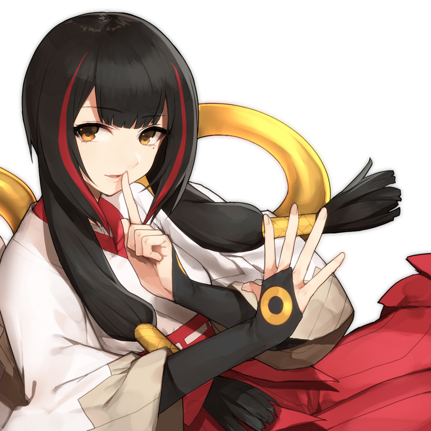 black_hair finger_to_mouth hair_tubes hakama highres hitoto japanese_clothes lostorage_wixoss miko mole mole_under_eye multicolored_hair solo streaked_hair wixoss yukime_(wixoss)