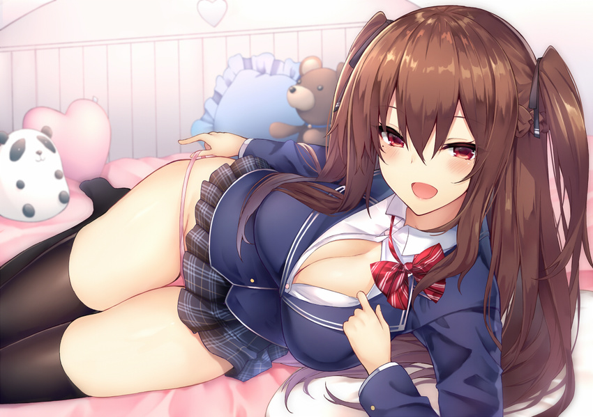 :d bangs black_legwear black_ribbon blazer blush bow bowtie breasts brown_hair cleavage groin hair_between_eyes hair_ribbon heart heart_pillow jacket kurifuto large_breasts long_hair looking_at_viewer lying miniskirt mole mole_under_eye on_bed on_side open_mouth original panties pillow pink_panties plaid plaid_skirt pleated_skirt pulled_by_self red_bow red_eyes red_neckwear ribbon school_uniform skirt smile solo strap_pull stuffed_animal stuffed_panda stuffed_toy teddy_bear thighhighs two_side_up underwear