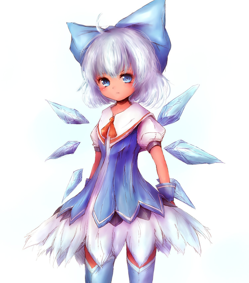 adapted_costume ahoge amanojaku blue_eyes blush bow cirno dress expressionless feather_skirt hair_bow hidden_star_in_four_seasons highres ice ice_wings large_bow looking_at_viewer puffy_short_sleeves puffy_sleeves short_sleeves silver_hair solo tan tanned_cirno thighhighs touhou wings zettai_ryouiki