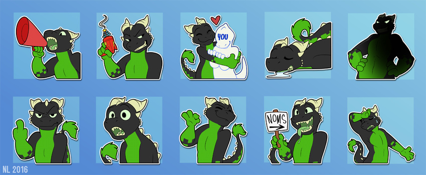 &lt;3 2016 4_fingers annoyed anthro biped black_eyes black_nose black_scales black_tail blue_background crying digital_media_(artwork) dragon drooling eyebrows eyes_closed green_scales green_tail green_tongue grin gun hands_on_hips happy holding_object holding_sign holding_weapon horn hug looking_at_viewer looking_away lying male megaphone middle_finger multicolored_scales multicolored_tail multiple_images nowandlater nude ok_sign on_front open_mouth raised_eyebrow ranged_weapon ray_gun saliva scales scalie sign signature simple_background sleeping smile solo spikes surprise tail_tuft tears teeth tegon tongue tongue_out tuft two_tone_scales two_tone_tail weapon white_horn