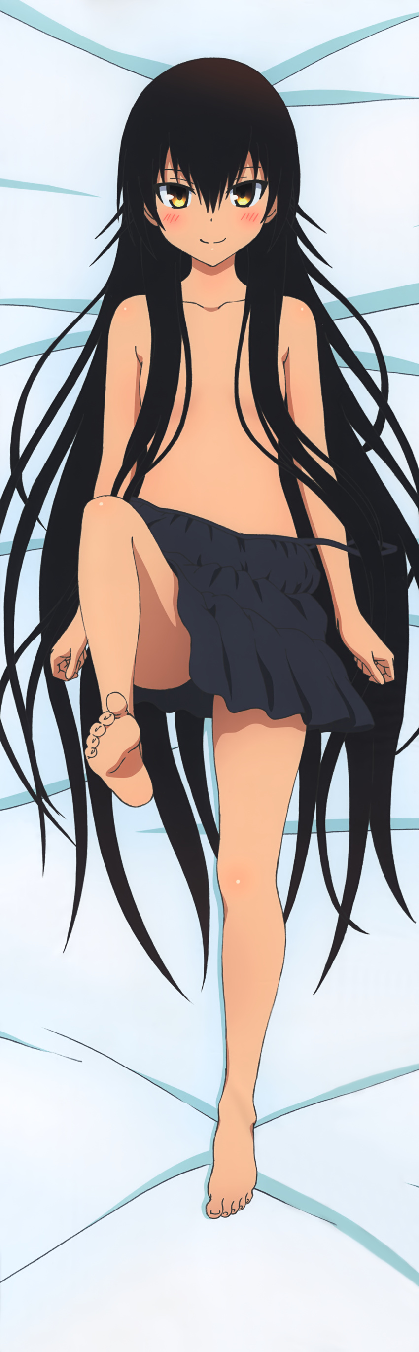 absurdres barefoot bed_sheet black_hair black_skirt blush bow breasts collarbone convenient_censoring dakimakura dark_skin from_above full_body hair_bow hair_censor highres huge_filesize leg_up long_hair looking_at_viewer lying master_nemesis miniskirt on_back pleated_skirt skirt small_breasts smile solo to_love-ru to_love-ru_darkness topless very_long_hair yellow_eyes