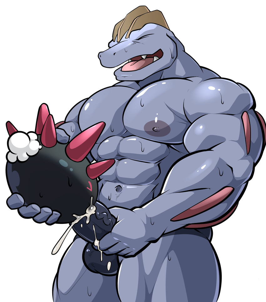 2016 abs ambiguous_gender anal balls biceps cum cum_in_ass cum_in_mouth cum_inside duo erection eyes_closed fellatio feral hi_res machoke maldu male male/ambiguous muscular nintendo nipples nude oral pecs penis pok&eacute;mon pyukumuku sex simple_background video_games white_background