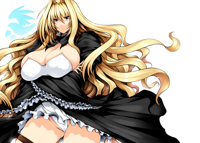 1girl blonde_hair blue_eyes breast_hold breasts cameltoe cleavage dress female huge_breasts leotard long_hair looking_at_viewer panties pantyshot sekirei simple_background skirt skirt_flip solo standing thighs tsukasawa_takamatsu tsukiumi wavy_hair white_background