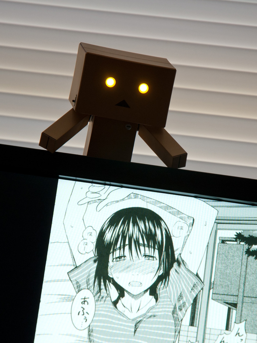 being_watched box cardboard_box danboo figure glowing glowing_eyes minimized photo revoltech striped triangle_mouth yotsubato!