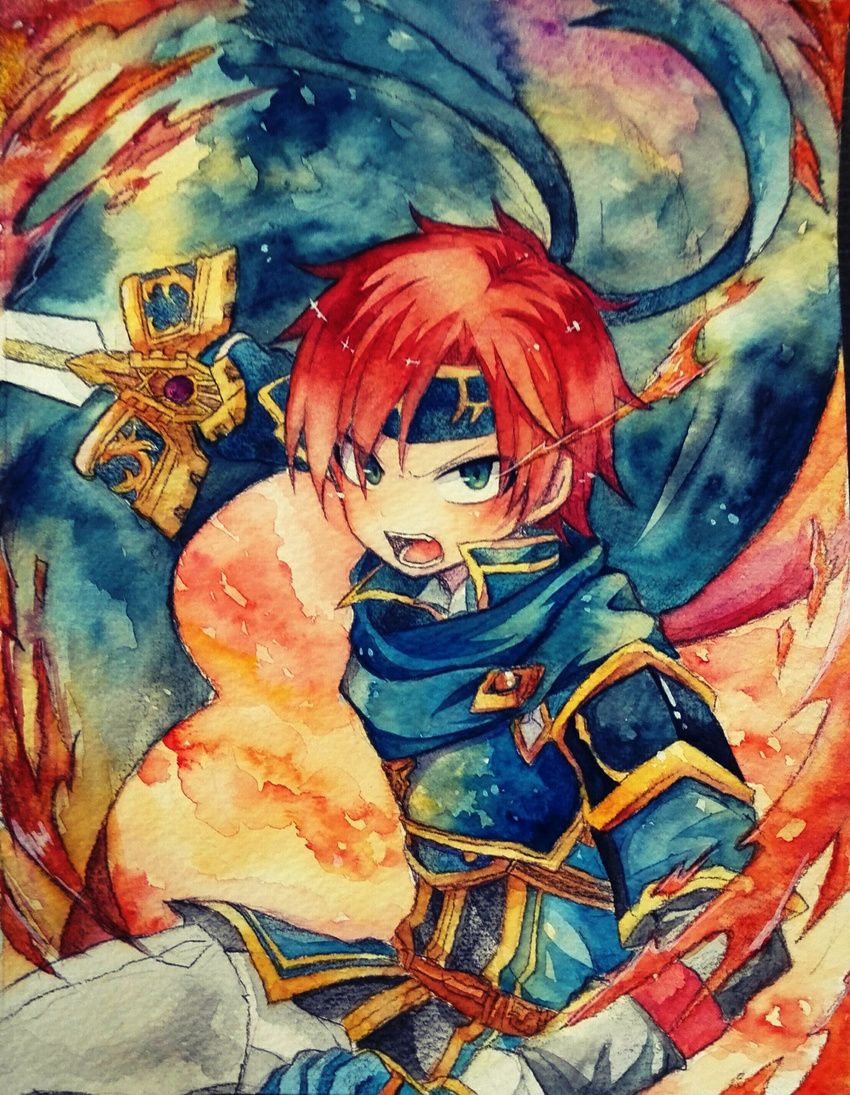 armor blue_eyes cape fire fire_emblem fire_emblem:_fuuin_no_tsurugi highres holding holding_sword holding_weapon looking_at_viewer male_focus open_mouth pauldrons protected_link red_hair roy_(fire_emblem) sword weapon yataba