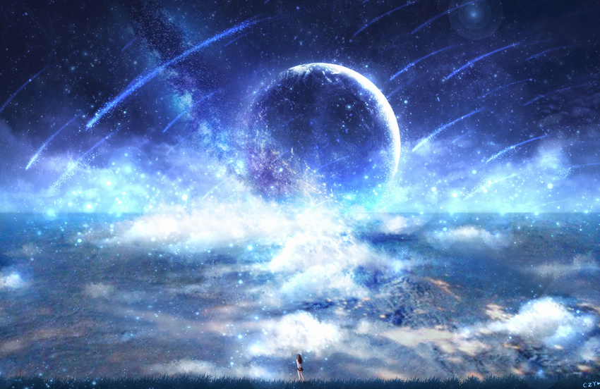 arms_behind_back blurry brown_hair cloud czy_(2894456992) dark grass highres horizon lens_flare light_particles long_hair looking_afar meteor meteor_shower moon night night_sky original scenery signature skirt sky solo star_(sky) starry_sky surreal thighhighs white_legwear