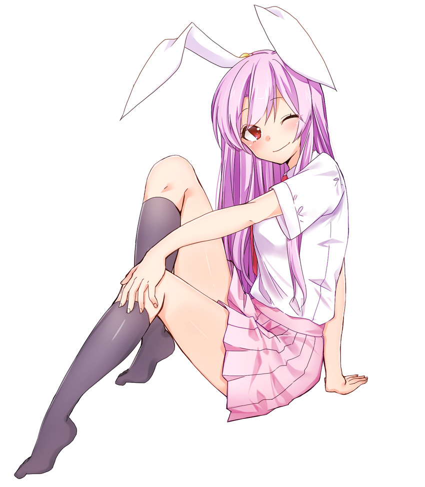 ;) animal_ears black_legwear breasts bunny_ears closed_mouth commentary_request from_side full_body highres invisible_chair lavender_hair long_hair looking_to_the_side medium_breasts miniskirt necktie one_eye_closed pink_skirt pleated_skirt red_eyes red_neckwear reisen_udongein_inaba shirt short_sleeves sitting skirt smile socks solo touhou white_shirt yukina_(masyumaro610)