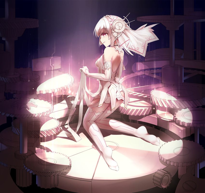 absurdres aoi_kao_(lsz7106) ass bare_shoulders clockwork_planet dress elbow_gloves full_body gears gloves hair_ornament highres kneeling medium_hair no_shoes purple_eyes ryuzu_(clockwork_planet) silver_hair solo thighhighs white_dress white_gloves white_legwear