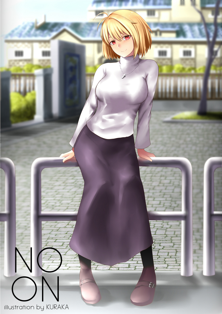 absurdres ahoge arcueid_brunestud arm_support artist_name black_legwear blonde_hair blurry blurry_background boots building closed_mouth cross cross_necklace full_body hair_intakes highres jewelry kuraka long_skirt md5_mismatch necklace pantyhose purple_skirt red_eyes short_hair sitting skirt smile solo sweater tree tsukihime turtleneck turtleneck_sweater