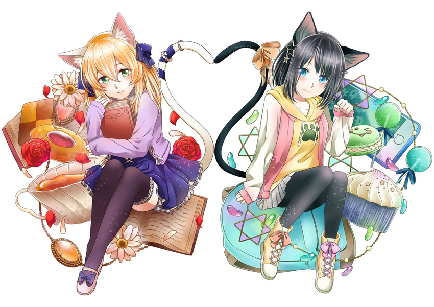animal_ears ankle_boots black_hair black_legwear blonde_hair blue_eyes blue_skirt book book_hug boots candy cardigan cat_ears cat_tail cellphone checkerboard_cookie cookie cross-laced_footwear cup cupcake daisy flower food green_eyes hair_ornament hair_ribbon head_tilt heart_tail_duo hexagram highres holding holding_book jelly_bean jewelry light_smile lollipop long_hair macaron mary_janes multiple_girls necklace open_book original pantyhose paw_pose petals phone red_flower red_rose ribbon rose rose_petals routo_(rot_0) shoes short_hair simple_background skirt sleeves_past_wrists smartphone star star_hair_ornament tail tail_ribbon teacup thighhighs white_background yellow_hoodie