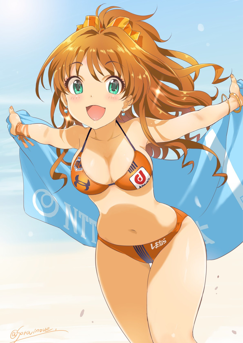 :3 :d aqua_eyes artist_name bangle bikini blush bow bracelet breasts brown_hair cleavage earrings eyebrows_visible_through_hair fingernails hair_bow half_updo highres hino_akane_(idolmaster) idolmaster idolmaster_cinderella_girls inoue_sora j._league jewelry long_hair medium_breasts navel omiya_ardija open_mouth orange_bikini ribbon smile solo sparkle sports_bikini swimsuit thigh_gap towel twitter_username wrist_ribbon