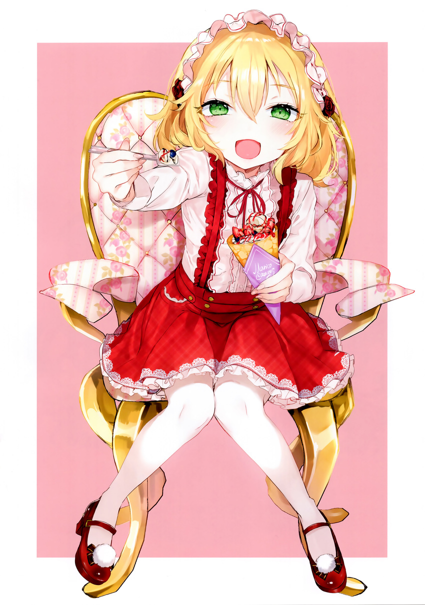 :d absurdres blonde_hair blush bow chair crepe dress food frills full_body green_eyes hairband highres idolmaster idolmaster_cinderella_girls knees_together_feet_apart lolita_fashion looking_at_viewer nekometaru open_mouth pantyhose ribbon sakurai_momoka scan shoes short_hair sitting smile solo spoon sweet_lolita white_legwear