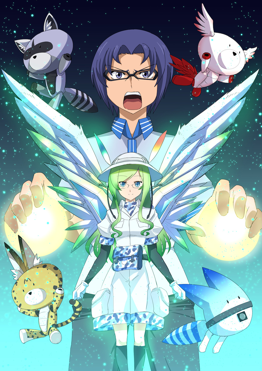 1girl :o beargguy_iii black-framed_eyewear blue_eyes blue_hair camouflage_trim commentary_request common_raccoon_(kemono_friends) feathers glasses gloves green_hair gundam gundam_build_fighters gundam_build_fighters_try hat hat_feather highres i.takashi japanese_crested_ibis_(kemono_friends) kamiki_mirai kemono_friends kousaka_yuuma light_green_hair long_hair lucky_beast_(kemono_friends) minigirl mirai_(kemono_friends) namesake serval_(kemono_friends) shorts smile v-shaped_eyebrows