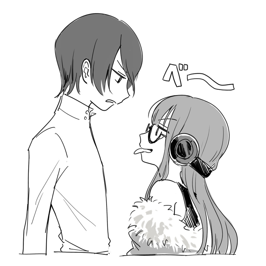 &gt;:( 1girl :p bare_shoulders camisole collared_shirt eye_contact facing_another from_side frown fur_trim glasses greyscale headphones height_difference high_collar highres hotoke_(zz_orz) jacket kitagawa_yuusuke long_hair looking_at_another monochrome off_shoulder persona persona_5 sakura_futaba semi-rimless_eyewear shirt simple_background smile standing tongue tongue_out upper_body v-shaped_eyebrows white_background