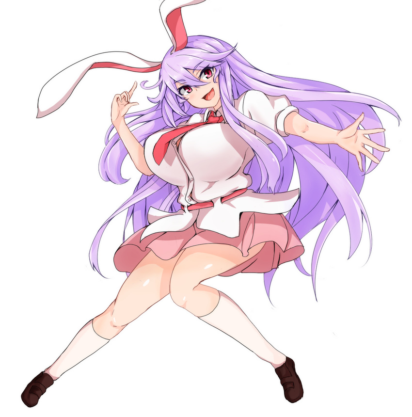 :d animal_ears bangs blush breasts bunny_ears commentary_request full_body highres huge_breasts kneehighs long_hair looking_at_viewer miniskirt necktie open_mouth pink_eyes pink_skirt puffy_short_sleeves puffy_sleeves purple_hair red_neckwear reisen_udongein_inaba shirt short_sleeves simple_background skirt smile socks solo sprout_(33510539) standing swept_bangs touhou very_long_hair white_background white_legwear white_shirt