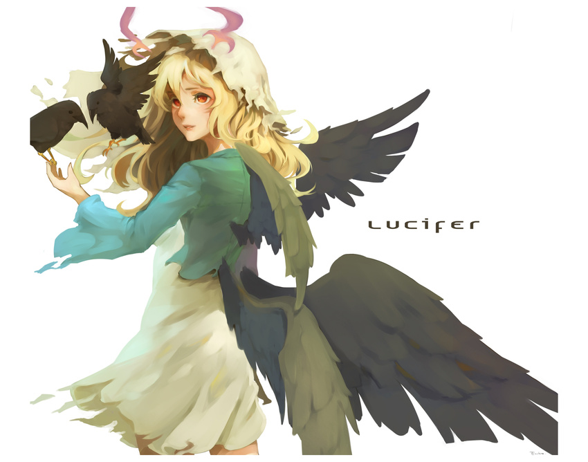 bird blonde_hair character_name dress echosdoodle from_behind highres long_hair long_sleeves lucifer_(monster_strike) monster_strike multiple_wings parted_lips red_eyes signature solo veil white_background white_dress wings