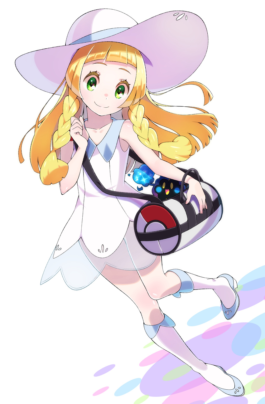 absurdres bag bangs bare_shoulders blonde_hair blunt_bangs braid closed_mouth cosmog dress full_body gen_7_pokemon green_eyes hat highres legs legs_apart lillie_(pokemon) long_hair pokemon pokemon_(creature) pokemon_(game) pokemon_sm see-through simple_background sleeveless sleeveless_dress smile standing sun_hat twin_braids white_background white_dress yupiteru