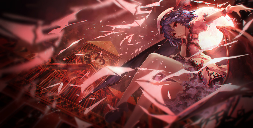 bare_legs bat_wings blue_hair commentary_request full_moon hat highres looking_at_viewer missile228 mob_cap moon outdoors red red_eyes remilia_scarlet scarlet_devil_mansion shoes short_hair sitting smile solo touhou wings wrist_cuffs