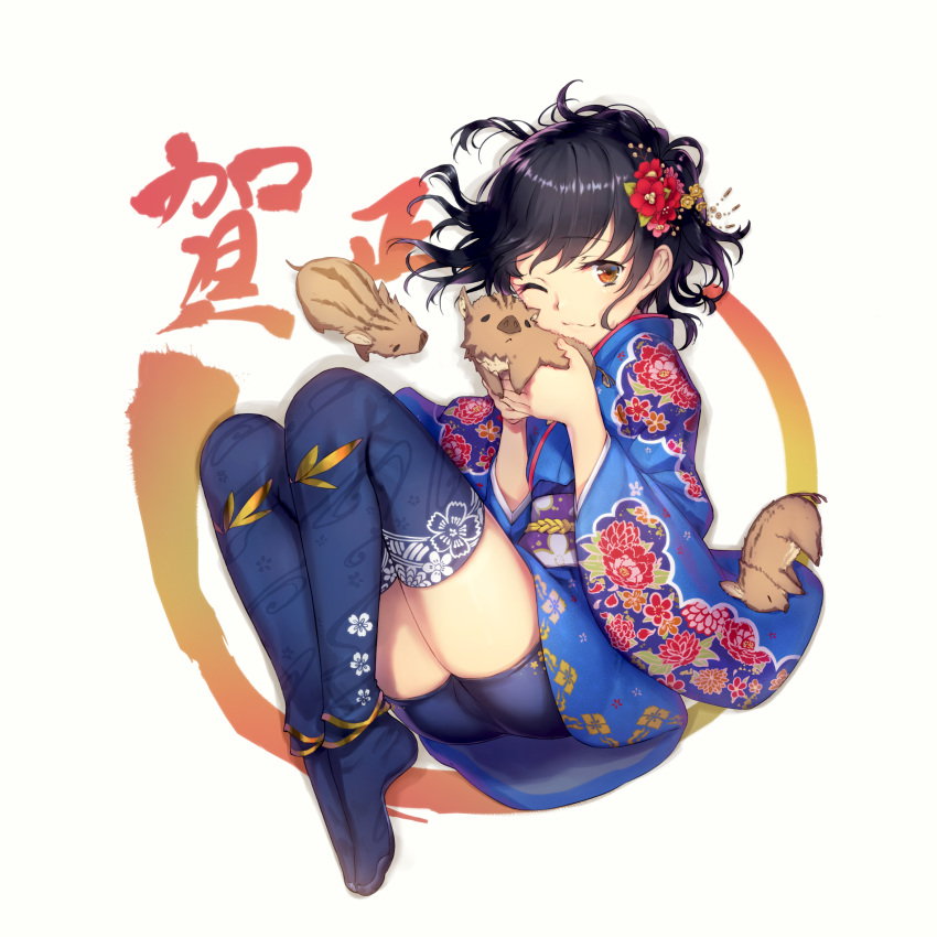 1girl ;3 animal bangs bike_shorts black_hair blue_kimono blue_legwear blush boar brown_eyes closed_mouth commentary_request eyebrows_visible_through_hair fetal_position floral_print flower from_above full_body hair_flower hair_ornament highres holding holding_animal japanese_clothes kamome_yuu kimono long_sleeves looking_at_viewer lying no_shoes obi on_side original print_kimono print_legwear red_flower sash short_hair solo thighhighs wide_sleeves