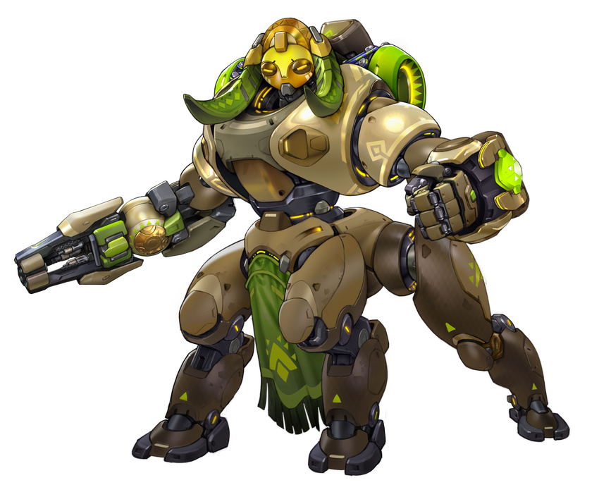 arm_cannon arnold_tsang centauroid clenched_hand full_body highres horns no_humans official_art omnic orisa_(overwatch) overwatch robot solo transparent_background weapon yellow_eyes