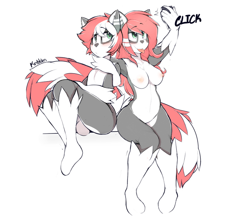 2016 anthro balls blush breasts canine duo female fur green_eyes grey_fur hair hybrid kribbles male mammal nipples nude penis phone raccoon red_hair rikki selfie simple_background smile tongue tongue_out white_background white_fur wolf