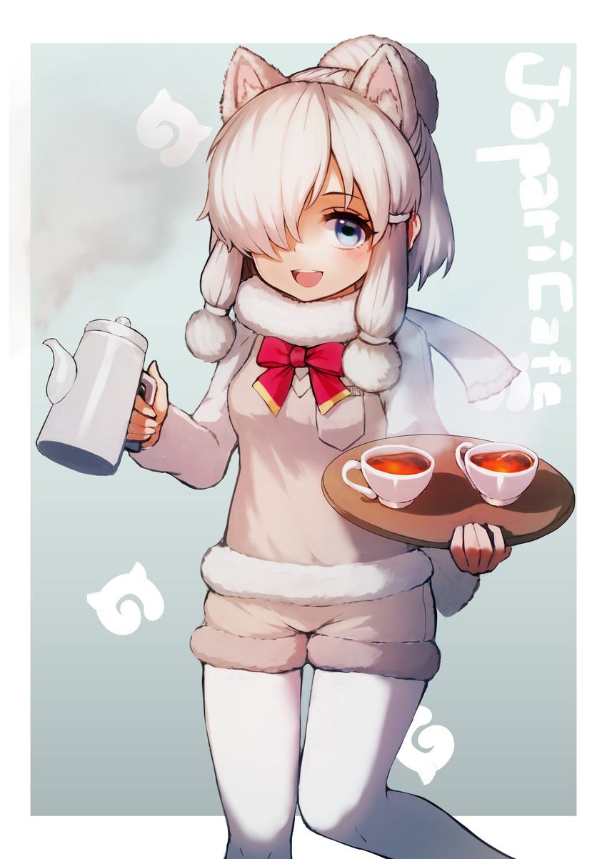 :d absurdres alpaca_ears alpaca_suri_(kemono_friends) animal_ears blue_eyes blush bow bowtie breasts cup english fur_collar hair_over_one_eye highres japari_symbol kemono_friends long_sleeves looking_at_viewer open_mouth pantyhose pyonsuke_(pyon2_mfg) ribbon shorts simple_background small_breasts smile solo steam tea teacup teapot tray white_background white_hair white_legwear