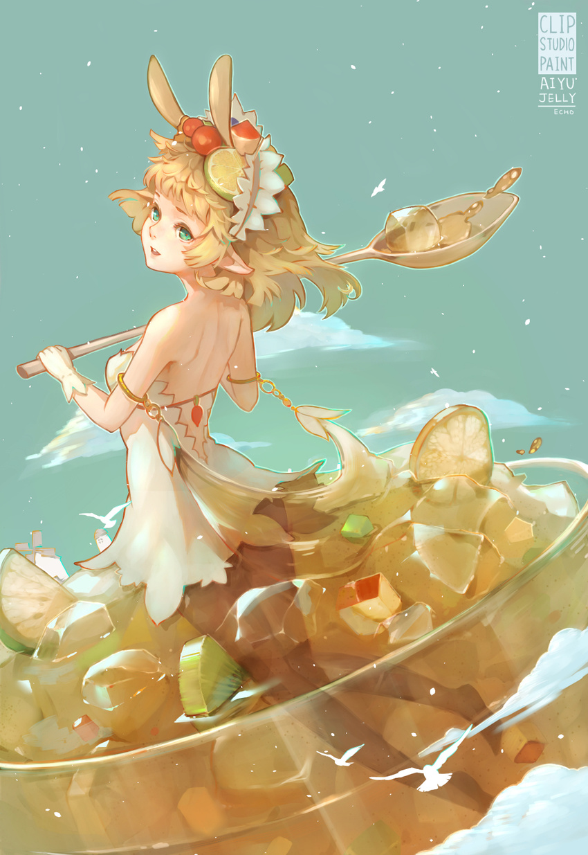 aiyu_jelly aqua_background artist_name bare_shoulders barefoot blonde_hair blue_eyes breasts dress dutch_angle echosdoodle english food from_behind fruit full_body glass gloves highres holding holding_spoon jelly lemon lemon_slice lime_slice long_hair medium_breasts original sleeveless sleeveless_dress solo spoon strapless strapless_dress white_dress white_gloves