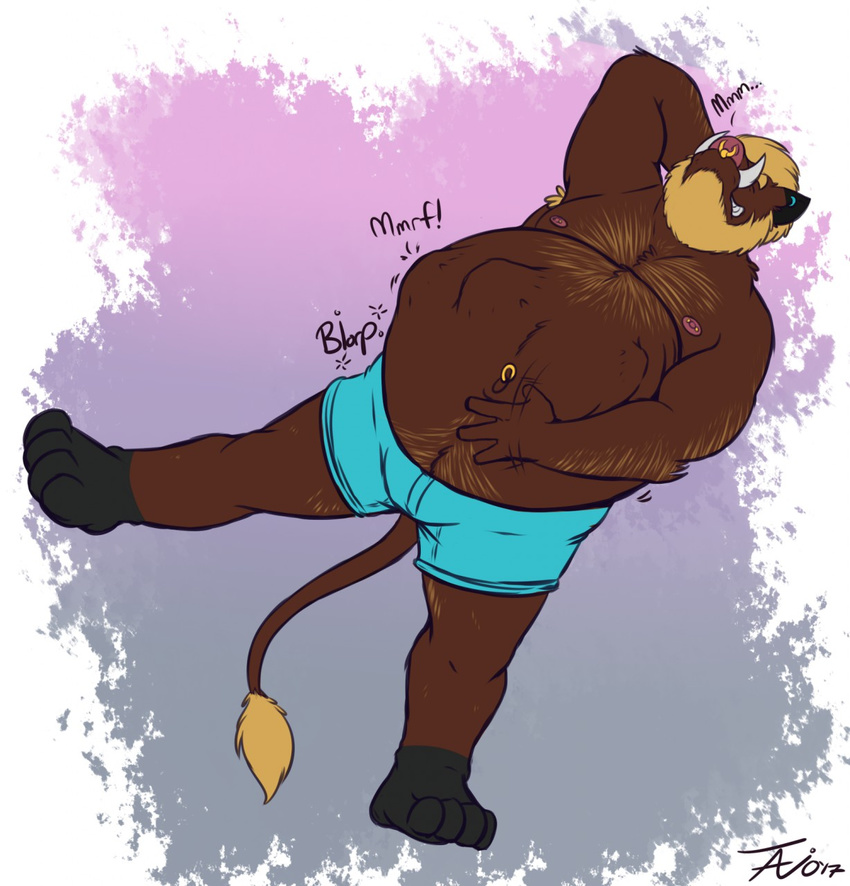 ! ... 2017 4_fingers 4_toes abdominal_bulge anthro arm_hair armpit_hair barefoot beard belly belly_expansion big_belly biped bird's-eye_view black_fur blonde_hair blue_bottomwear blue_clothing blue_underwear boar body_hair boxer_briefs brown_belly brown_fur brown_tail chest_hair chester_(jasperdrag0n) clothed clothing digital_media_(artwork) ear_piercing eyes_closed facial_hair facial_piercing fur hair hairy hand_behind_head hand_on_stomach happy_trail hi_res high-angle_view inflation lying male mammal markings motion_lines multicolored_fur navel navel_piercing nipple_piercing nipples nose_piercing nose_ring on_back onomatopoeia piercing pink_nipples pink_nose porcine post_vore septum_piercing short_hair signature smile smirk socks_(marking) solo sound_effects tail_tuft tanio toes topless tuft tusks two_tone_fur underwear vore