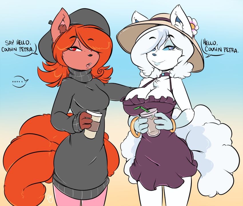 2016 alolan_vulpix anthro beverage blue_eyes blue_sclera bracelet breasts chest_tuft cleavage clothed clothing coffee cousin dialogue duckdraw duo english_text female flower fur gloves_(marking) hair hat inner_ear_fluff ivanna jewelry looking_at_viewer markings multi_tail nintendo open_mouth orange_fur orange_hair petra_(duckdraw) plant pok&eacute;mon red_eyes red_fur regional_variant smile sweater text thick_bottom_lip tuft video_games vulpix white_fur white_hair