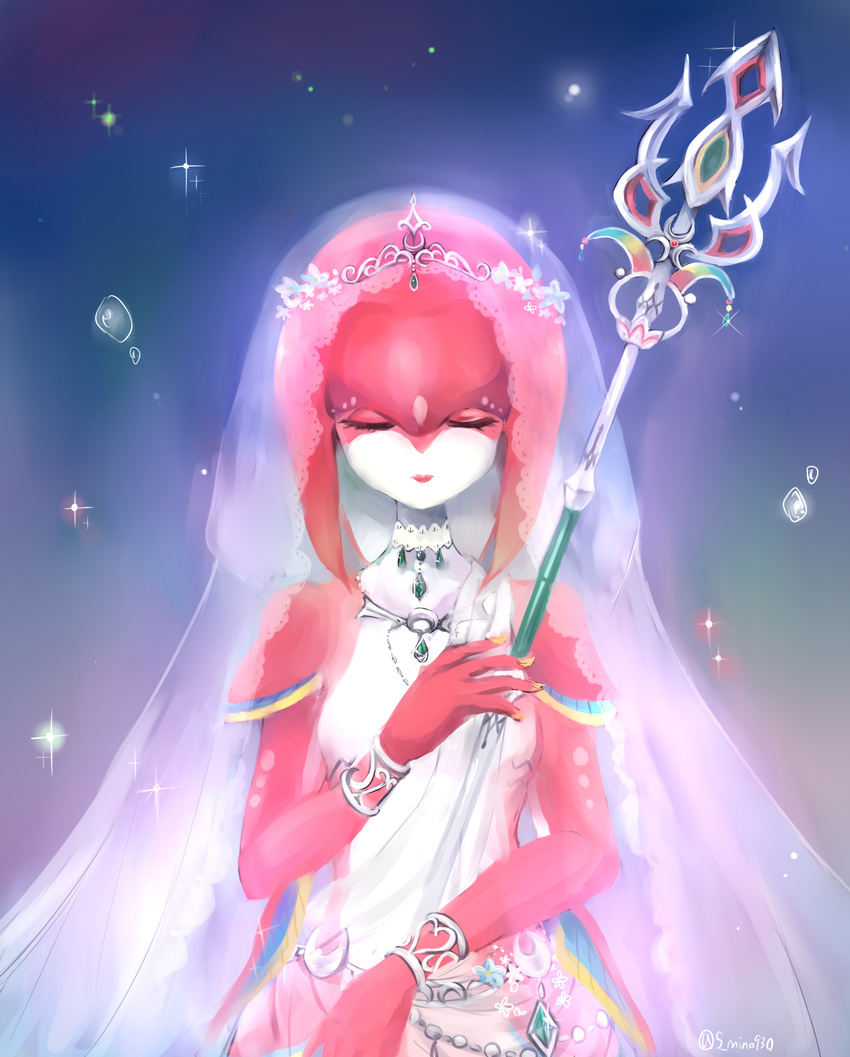 absurdres bridal_veil choker closed_eyes fins fish_girl highres jewelry mipha monster_girl multicolored multicolored_skin necklace red_skin ritsuki_mino solo the_legend_of_zelda the_legend_of_zelda:_breath_of_the_wild tiara veil zora