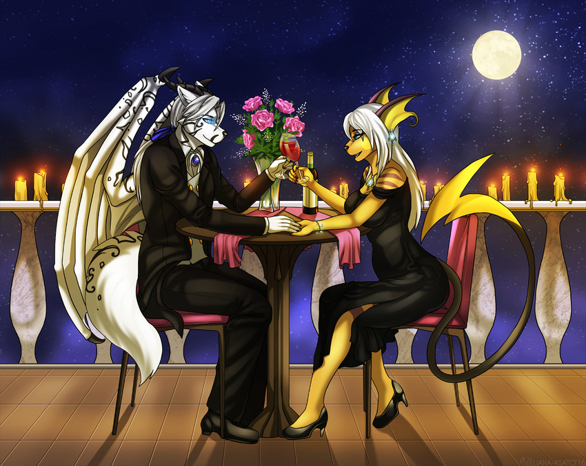 2016 alcohol anthro beverage blue_eyes candle clothing dress eliana-asato female flower footwear fur hair holidays jewelry male moon night night_sky plant romantic_dinner rose shoes sky smile suit valentine's_day white_fur white_hair wine wings yellow_fur