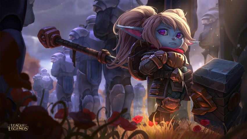female hair hammer league_of_legends official_art pigtails pointy_ears poppy_(lol) purple_eyes riot_games solo tools video_games white_hair yordle