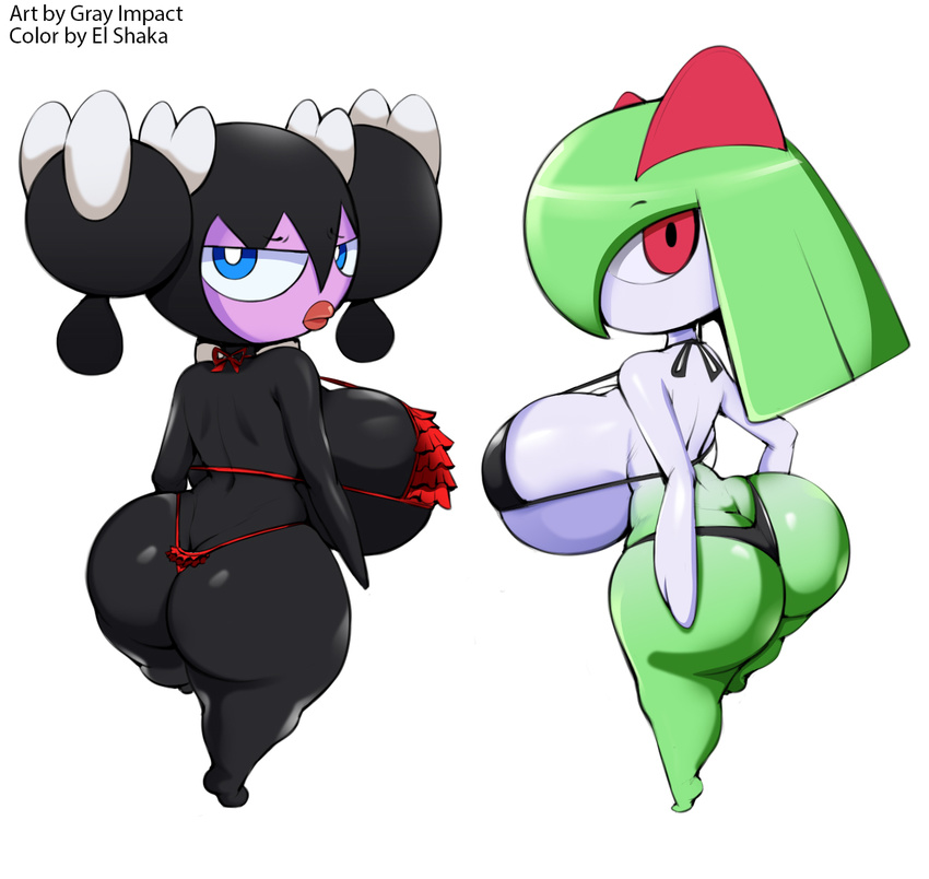 big_breasts big_butt bikini black_and_white breasts butt clothing duo el_shaka female gothorita gray_impact huge_breasts huge_butt humanoid kirlia lips looking_back monochrome nintendo not_furry pok&eacute;mon pok&eacute;morph short_stack simple_background swimsuit video_games white_background