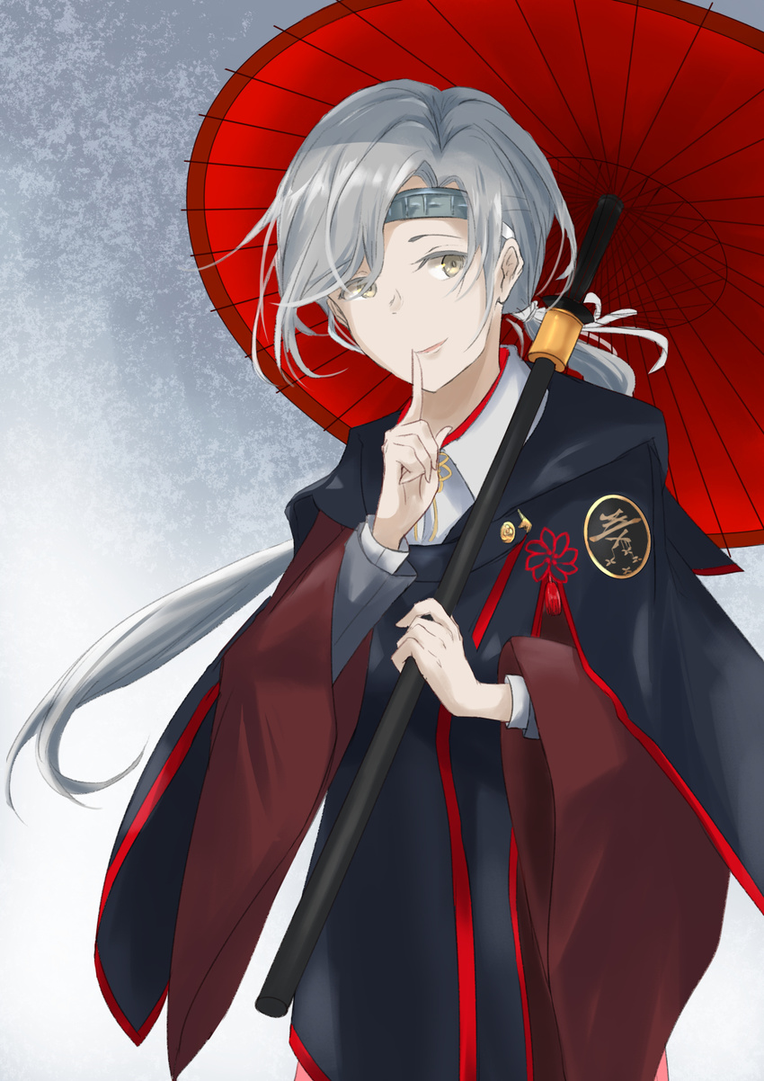 anore_(haurifier) blue_coat chitose_(kantai_collection) finger_to_mouth grey_background headband highres holding holding_umbrella index_finger_raised kantai_collection lips long_hair looking_to_the_side oriental_umbrella ponytail ribbon shushing solo umbrella white_ribbon yellow_eyes