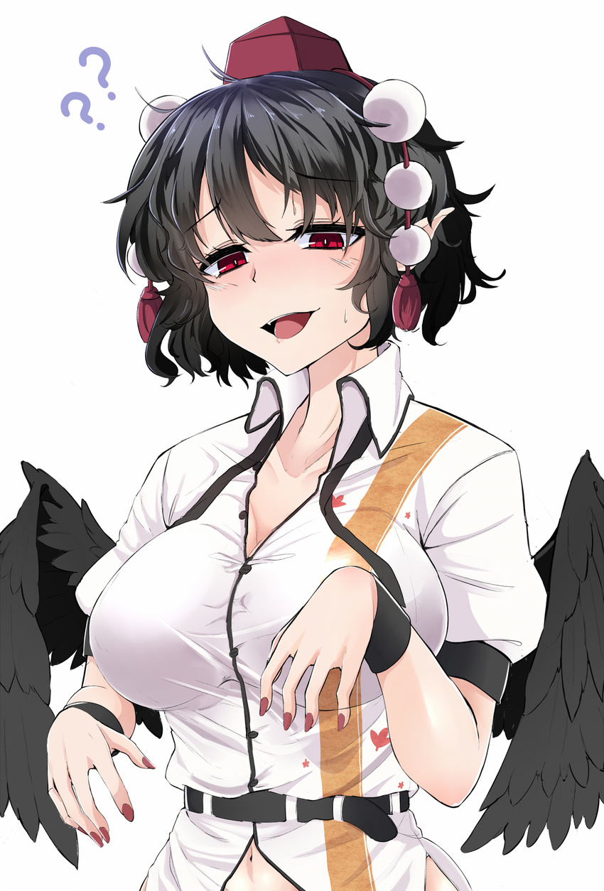 ?? belt black_hair black_wings breasts collarbone collared_shirt dress_shirt error feathered_wings hat highres large_breasts md5_mismatch nail_polish navel open_mouth pointy_ears pom_pom_(clothes) red_eyes rihito_(usazukin) shameimaru_aya shirt short_hair simple_background smile solo sweat tokin_hat touhou upper_body white_background white_shirt wing_collar wings wrist_cuffs