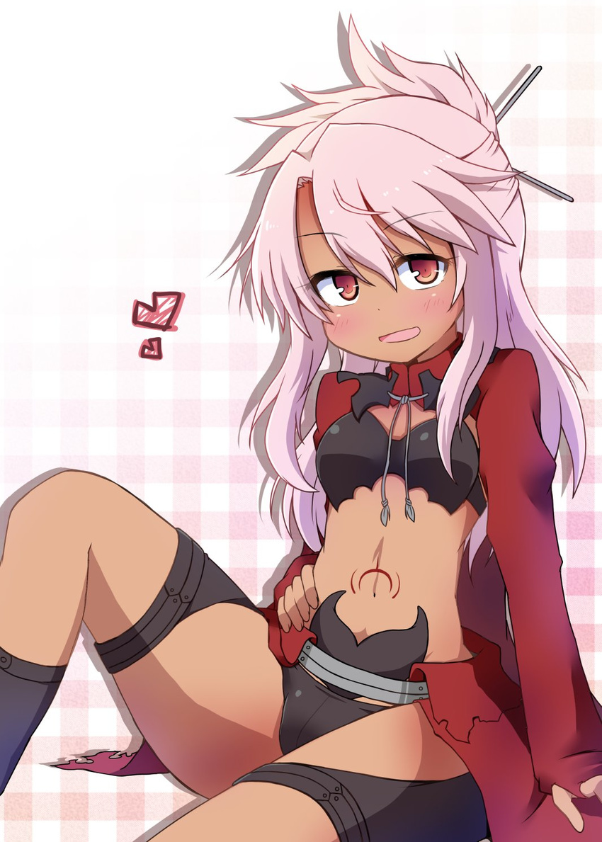 :d blush breasts chloe_von_einzbern dark_skin fate/kaleid_liner_prisma_illya fate_(series) hair_ornament hair_stick hand_on_hip heart highres long_hair looking_at_viewer navel open_mouth pink_hair red_eyes small_breasts smile solo stomach stomach_tattoo tattoo yuuhi_alpha