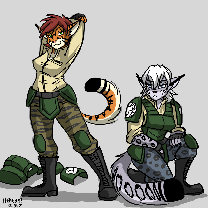 anthro armor blue_eyes breasts clothing duo feline felinid female fur green_eyes grey_fur hair human humanoid hybrid leopard mammal multicolored_fur orange_fur red_hair snow_leopard soldier spots_(marking) stripes_(marking) tiger two_tone_fur uniform warhammer_(franchise) white_hair