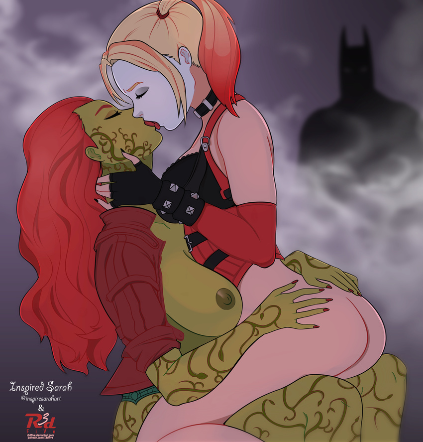 1boy 2girls areolae artist_name ass batman batman_(series) bottomless breasts dc_comics eyes_closed fingerless_gloves fog harley_quinn lipstick makeup multicolored_hair multiple_girls nail_polish nipples poison_ivy r3dfive red_hair web_address