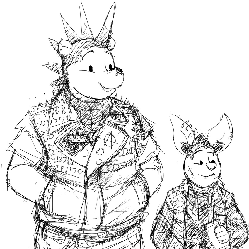 anthro bear black_and_white cigarette clothing disney duo ear_piercing facial_piercing hair hladilnik jacket male mammal monochrome nose_piercing piercing pig piglet pooh_bear porcine punk scar smile what winnie_the_pooh_(franchise)